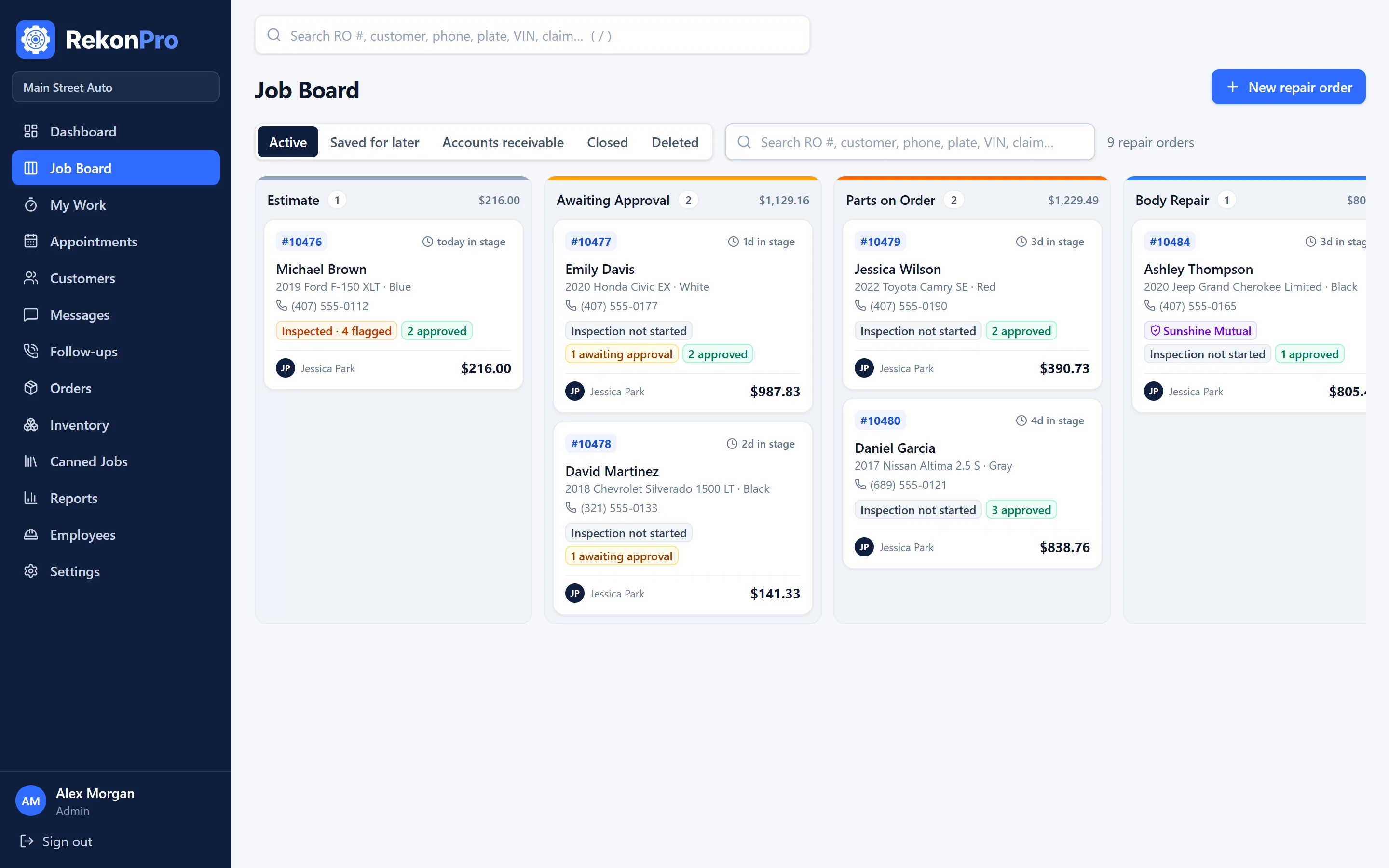 Job board with repair orders in columns by stage