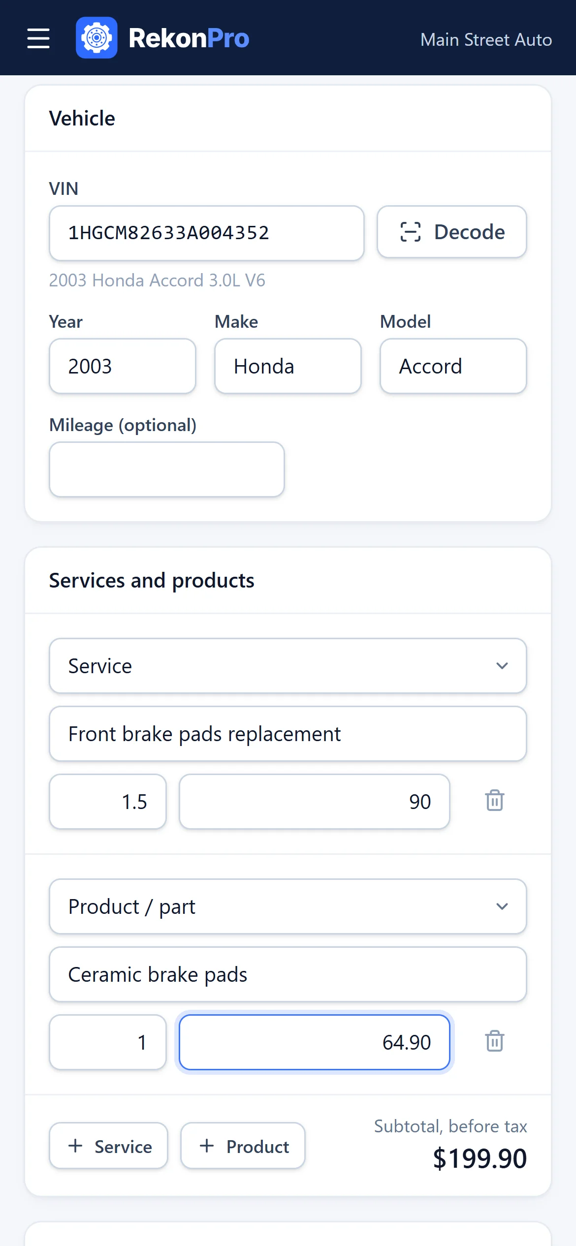 New invoice on a phone: VIN decoded as a 2003 Honda Accord, front brake pads and ceramic pads, $199.90 subtotal