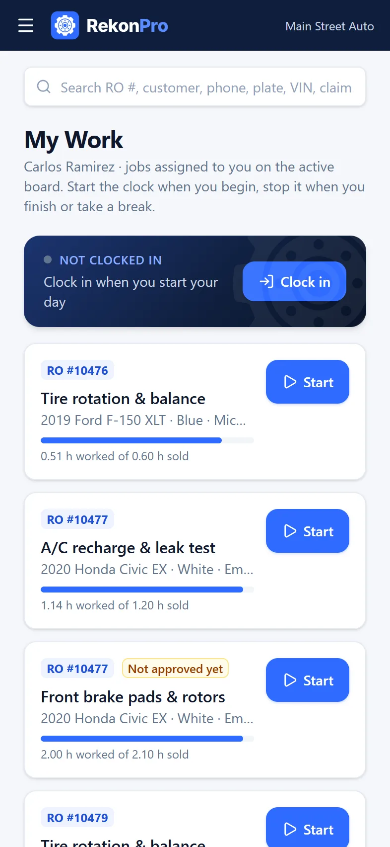 My Work on a phone: Clock in and a Start button on each assigned job